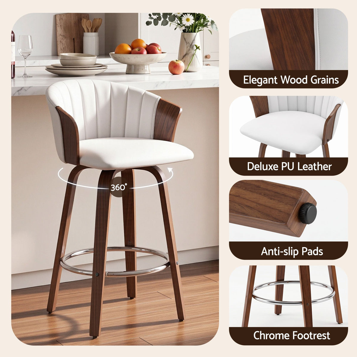 Artiss Wooden Bar Stools Set of 2 Swivel Kitchen Counter Stools Chair 66cm