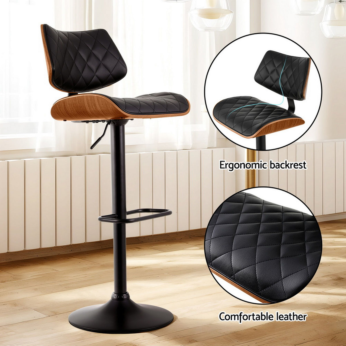 Quilla 2x Gas Lift Bar Stools Bentwood Leather Black