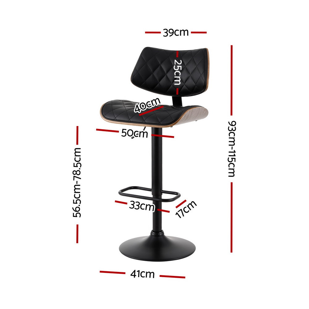 Quilla Bar Stools Pair Gas Lift Black Leather Bentwood