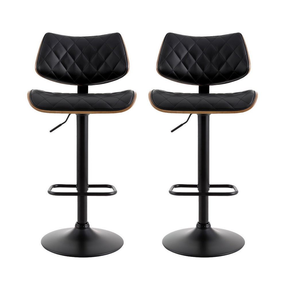 Quilla Bar Stools Pair Gas Lift Black Leather Bentwood