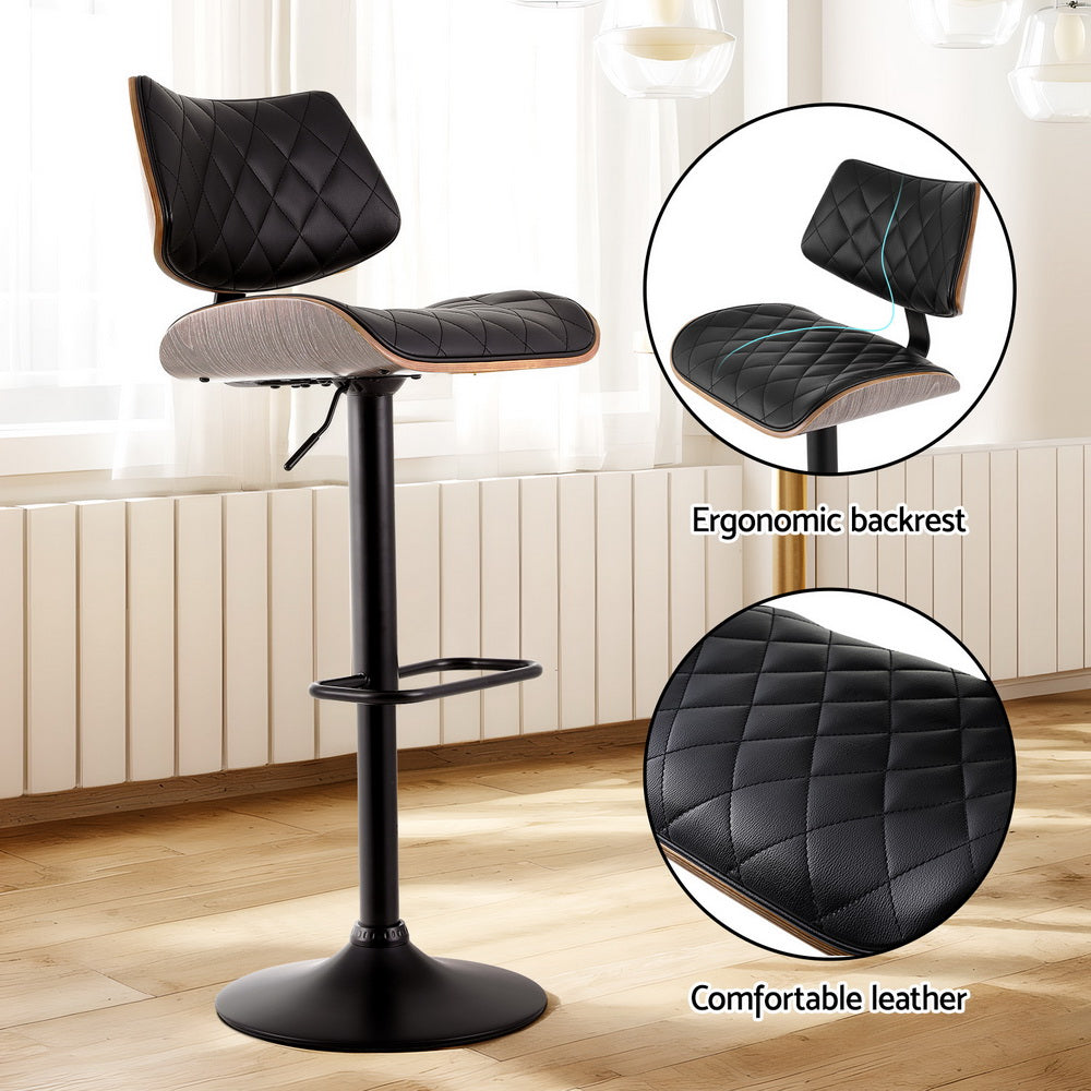Quilla Bar Stools Pair Gas Lift Black Leather Bentwood