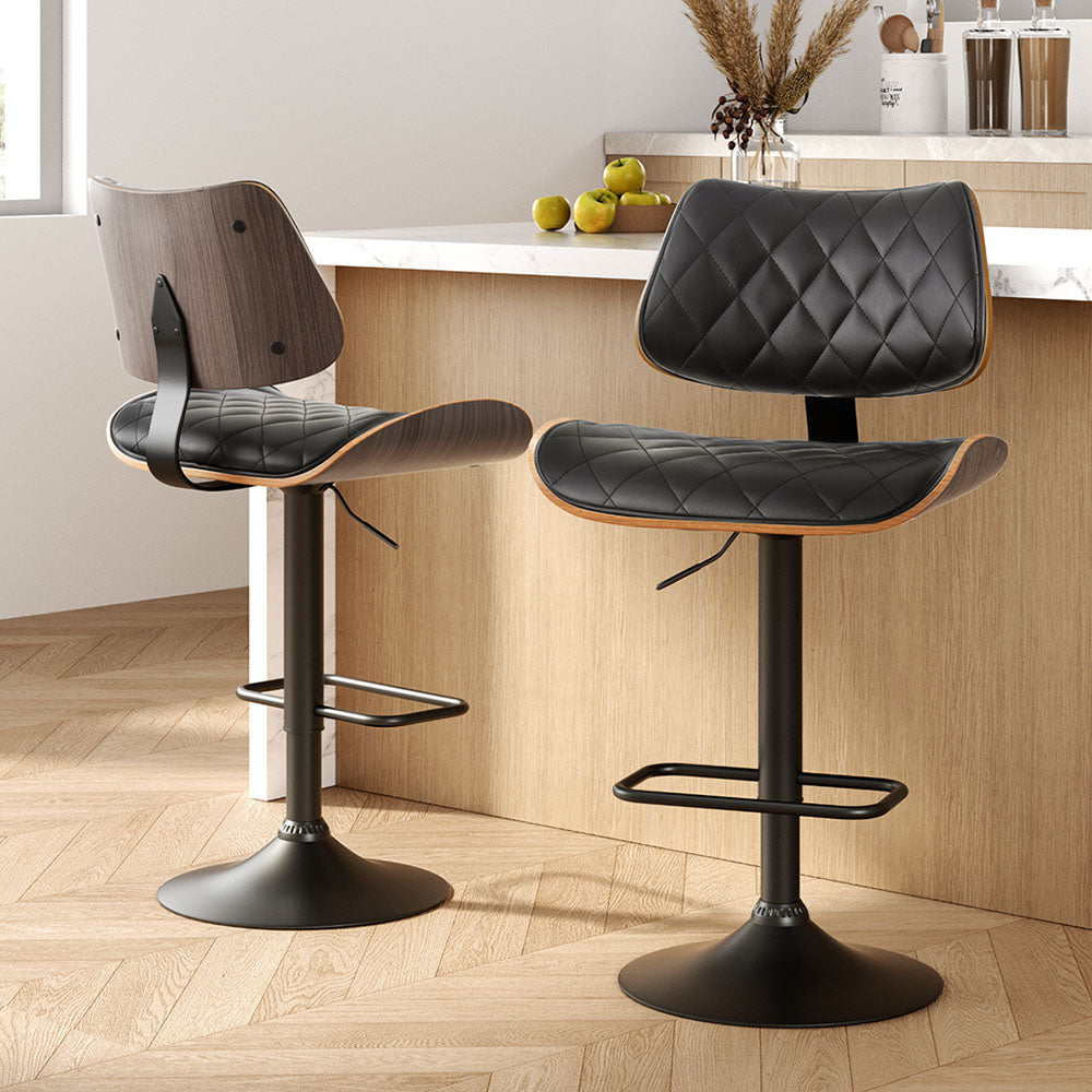 Quilla Bar Stools Pair Gas Lift Black Leather Bentwood