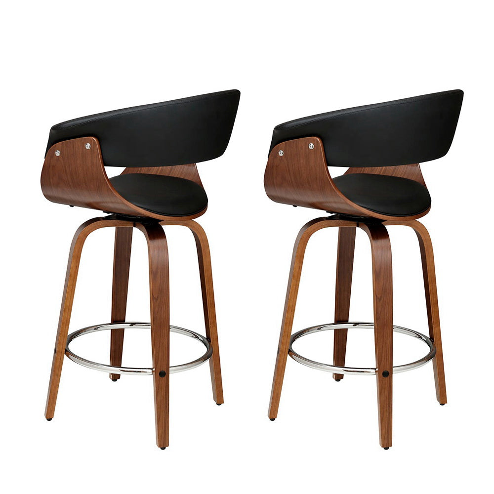 Walnut Swivel Bar Stools Set of 2 PU Leather Black