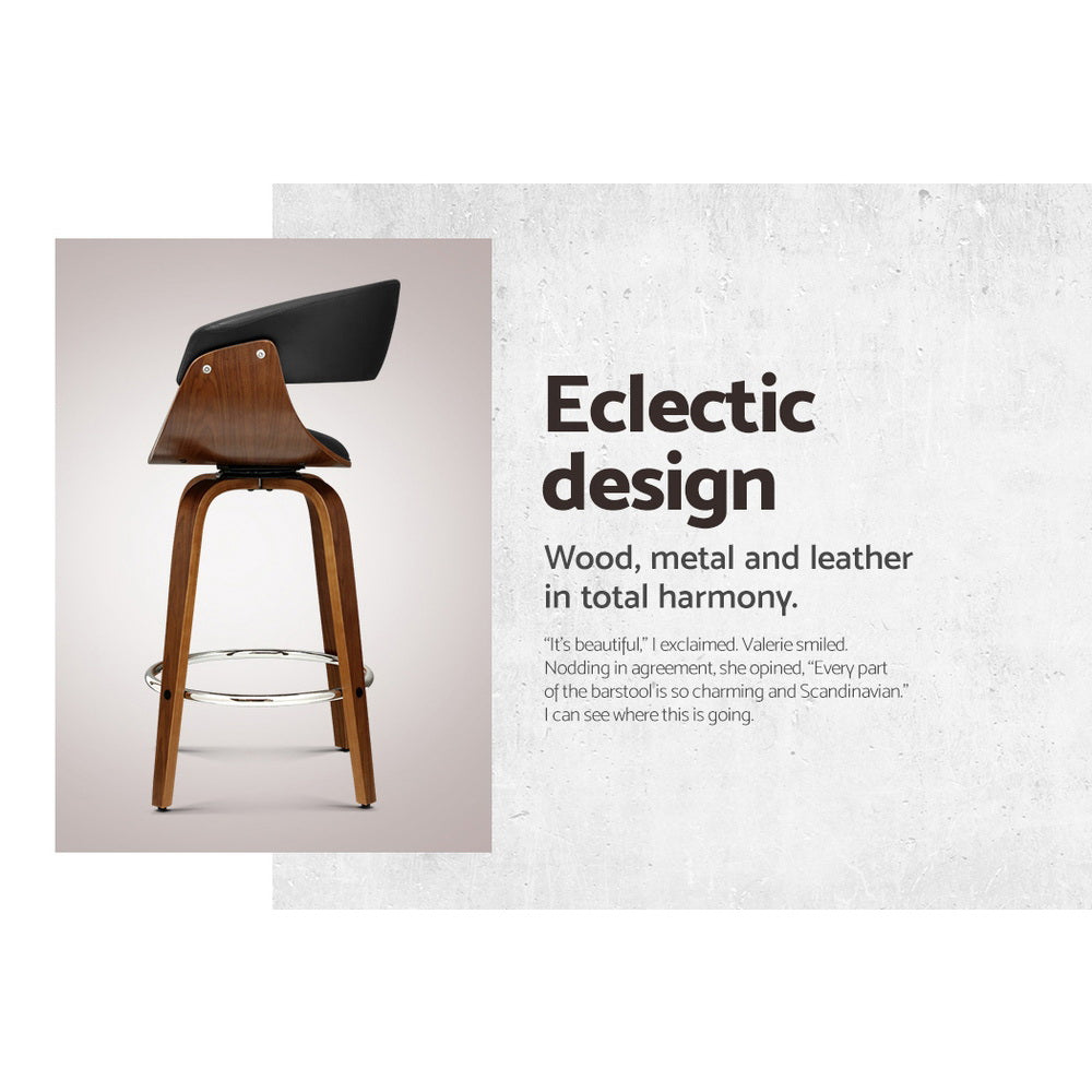 Walnut Swivel Bar Stools Set of 2 PU Leather Black