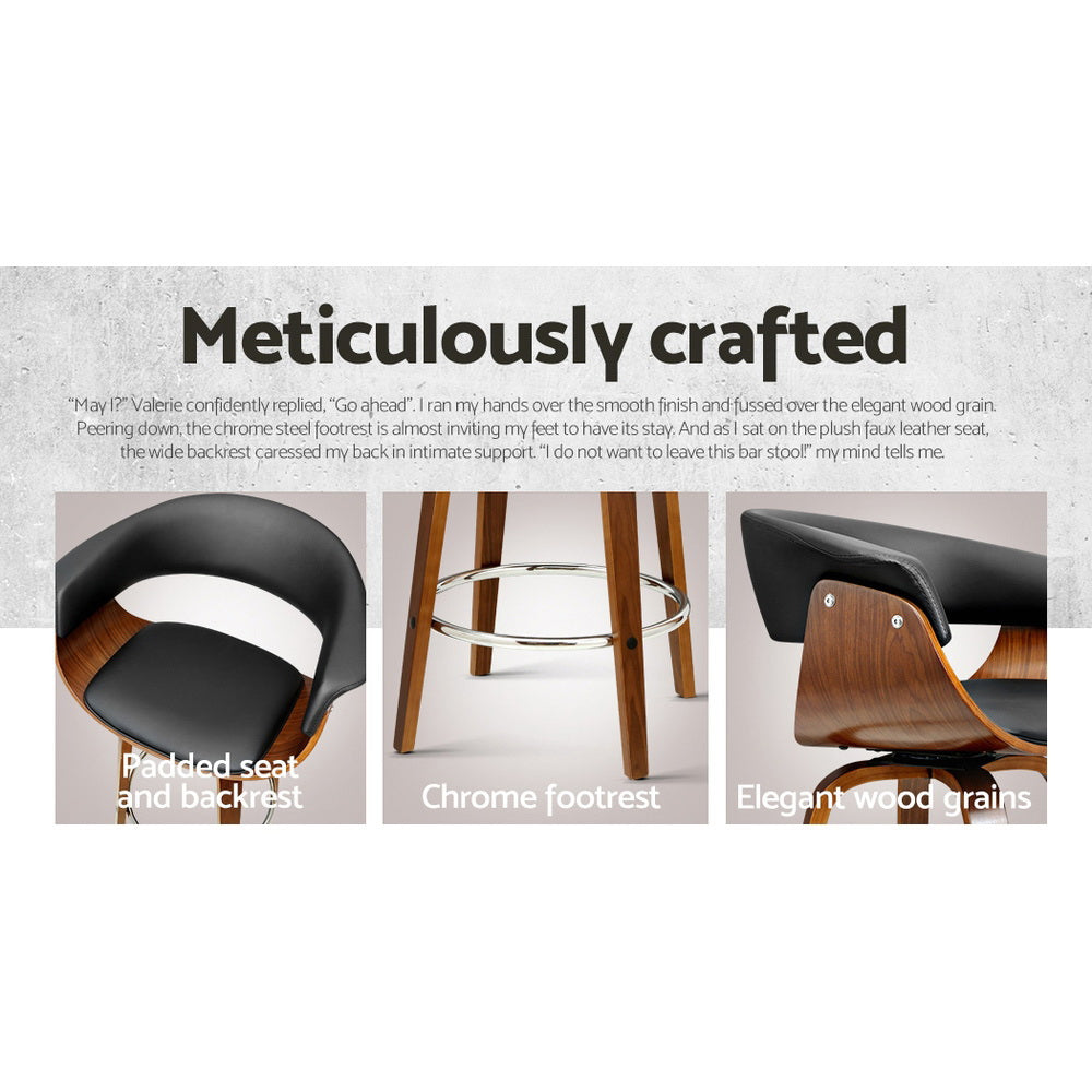 Walnut Swivel Bar Stools Set of 2 PU Leather Black