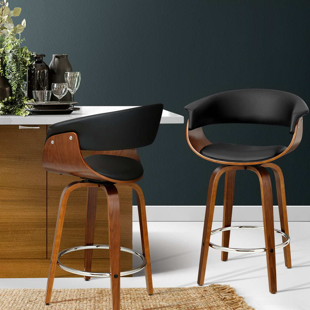Walnut Swivel Bar Stools Set of 2 PU Leather Black