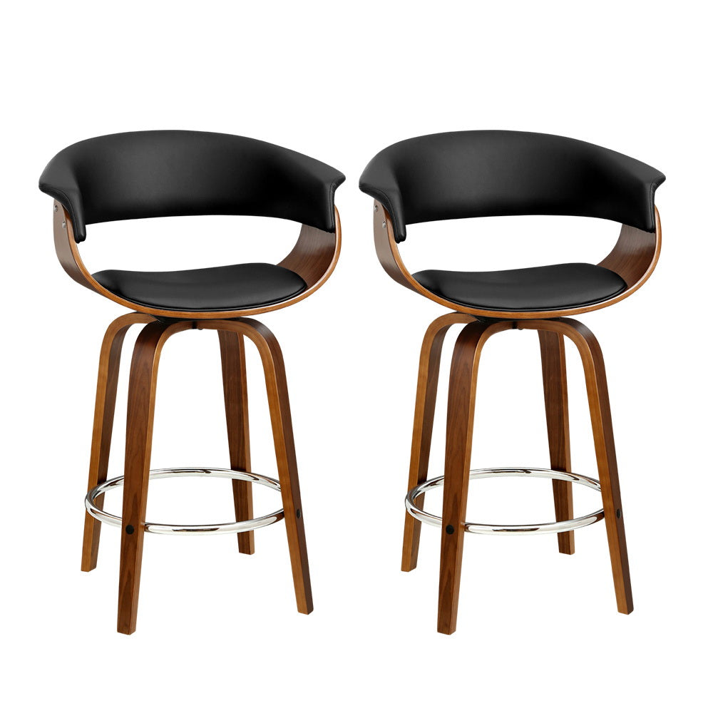Walnut Swivel Bar Stools Set of 2 PU Leather Black