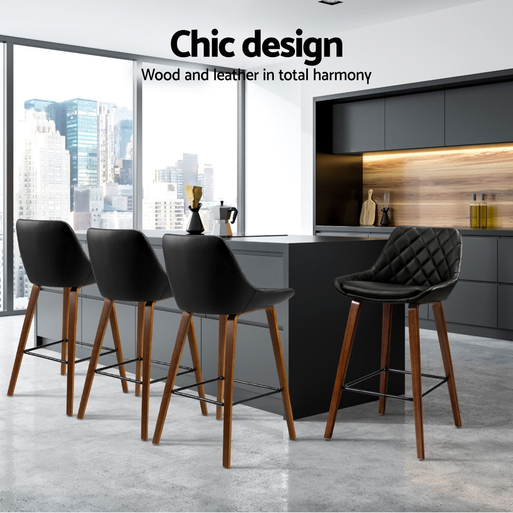Bentwood 68cm Bar Stools PU Leather Seat Black Set of 4