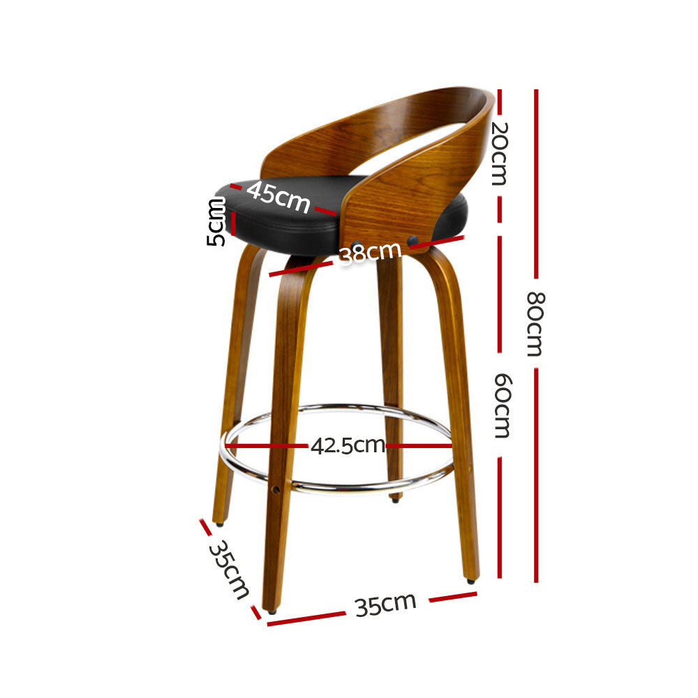 Walnut Swivel Bar Stools Set of 2 Black PU Leather