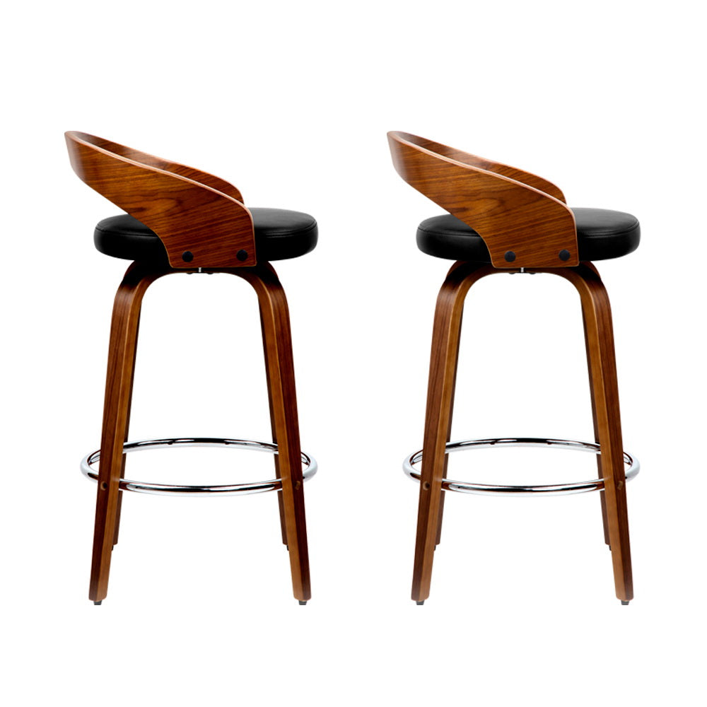 Walnut Swivel Bar Stools Set of 2 Black PU Leather