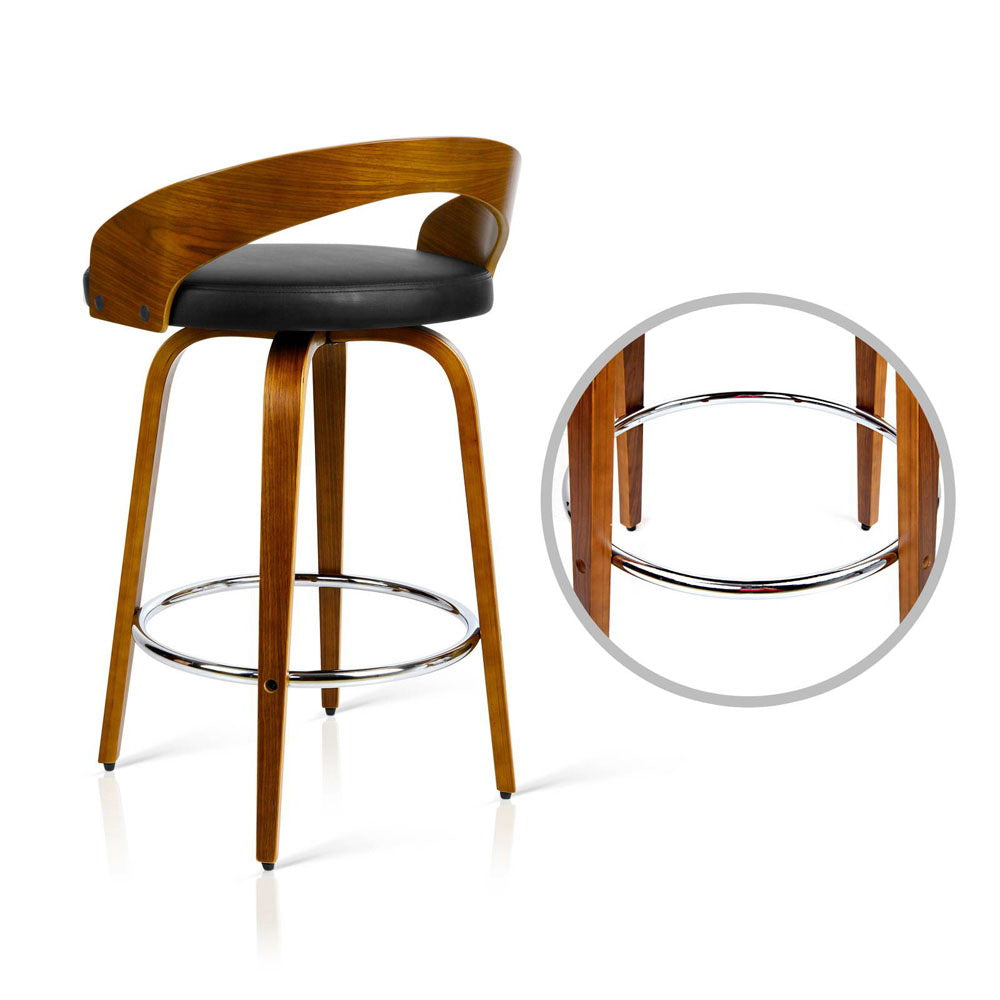 Walnut Swivel Bar Stools Set of 2 Black PU Leather