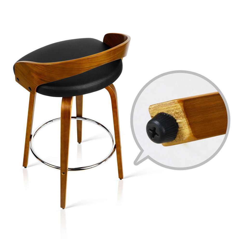 Walnut Swivel Bar Stools Set of 2 Black PU Leather