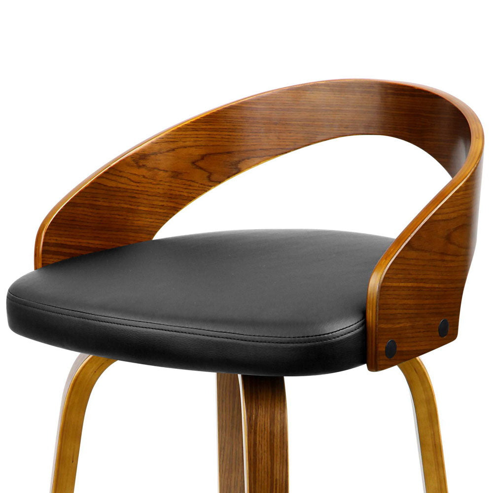 Walnut Swivel Bar Stools Set of 2 Black PU Leather