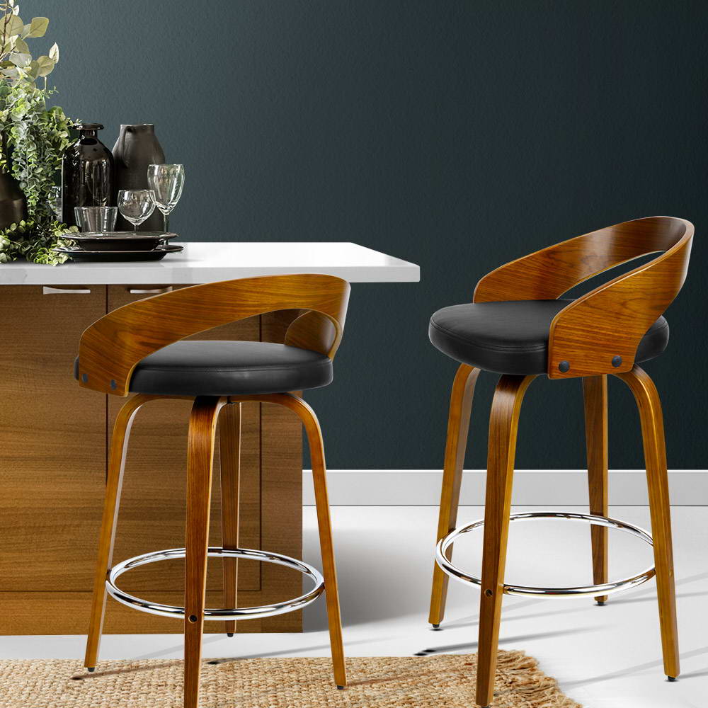 Walnut Swivel Bar Stools Set of 2 Black PU Leather
