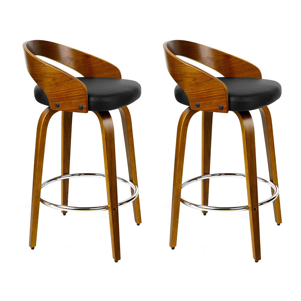 Walnut Swivel Bar Stools Set of 2 Black PU Leather