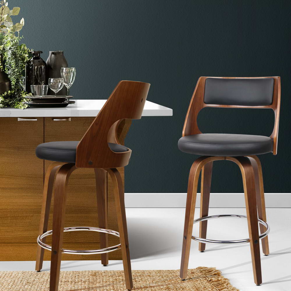 Artiss 76cm Bar Stools Swivel Leather Black Set of 2