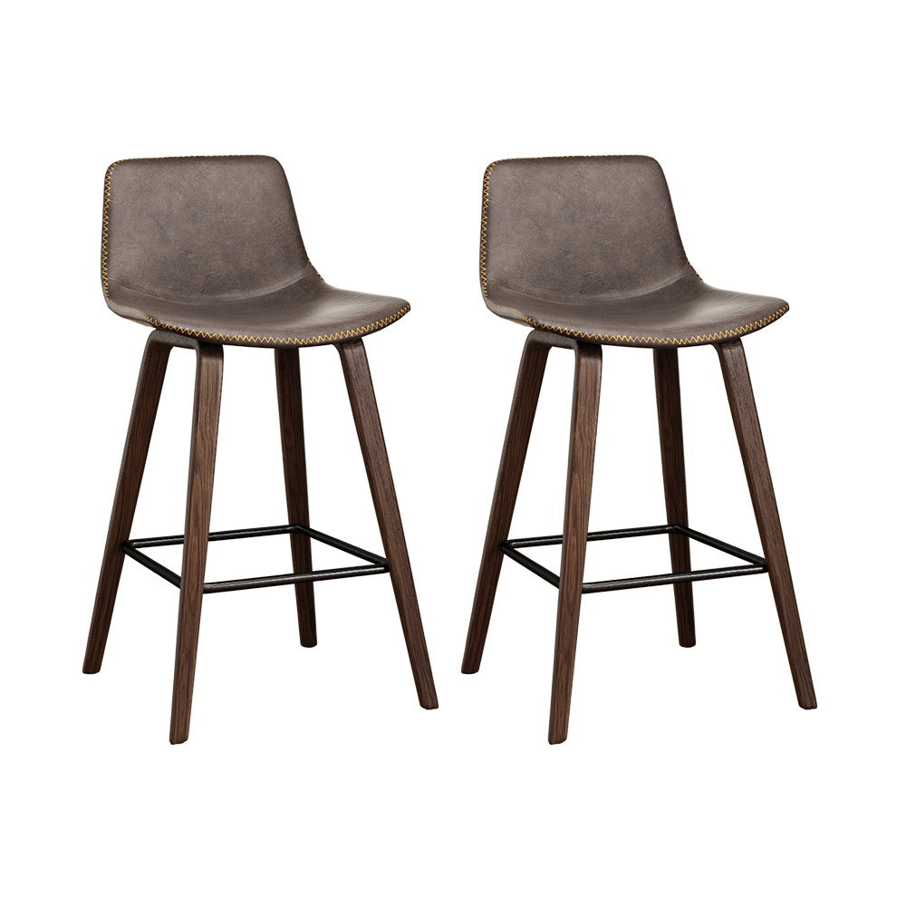 Walnut Wooden Bar Stools w/ Leather Seat & Footrest x2 | Artiss