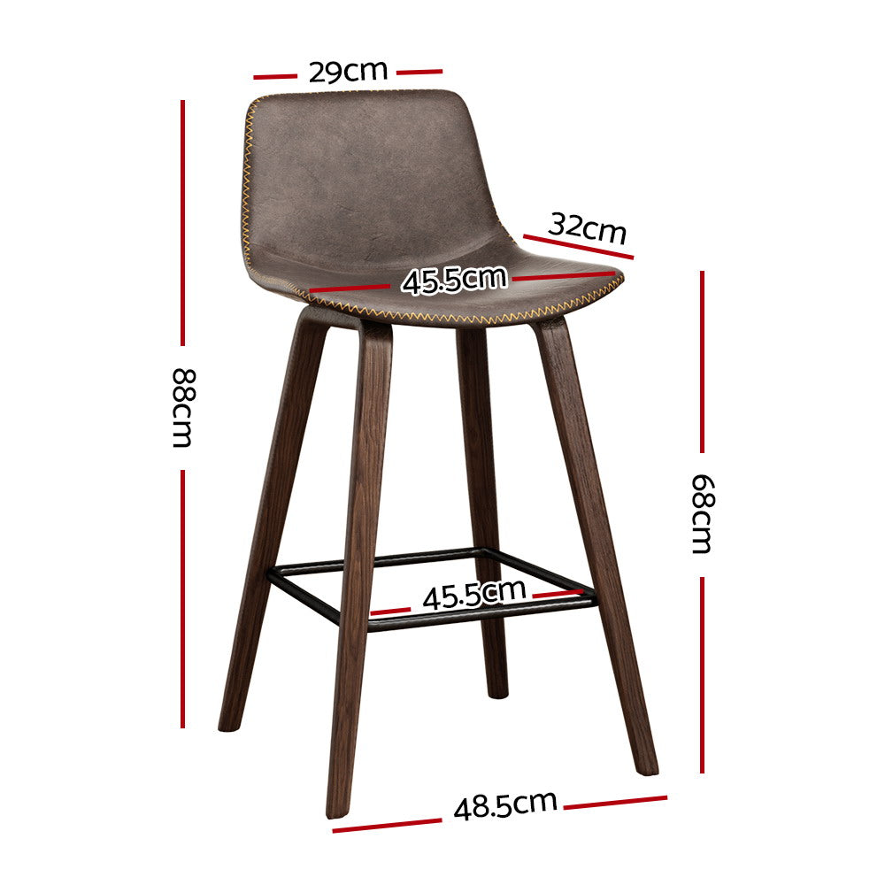 Walnut Wooden Bar Stools w/ Leather Seat & Footrest x2 | Artiss