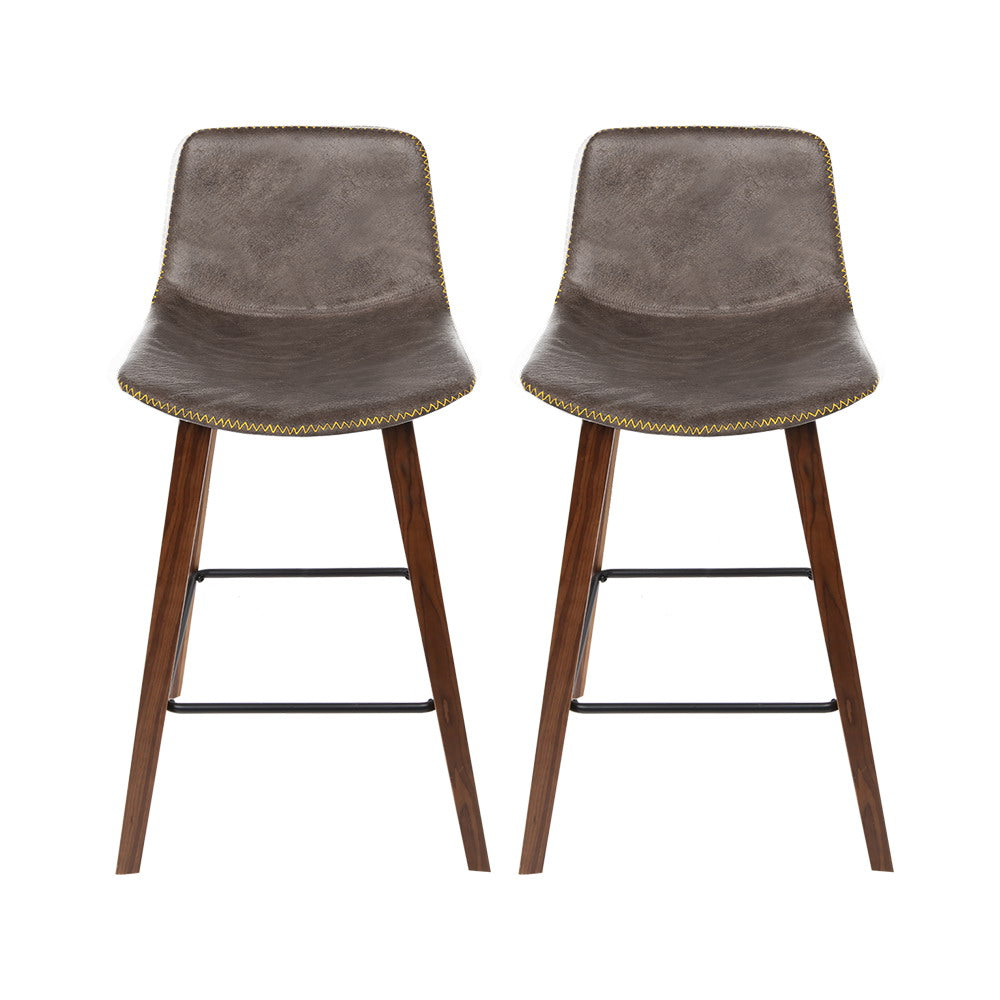 Walnut Wooden Bar Stools w/ Leather Seat & Footrest x2 | Artiss