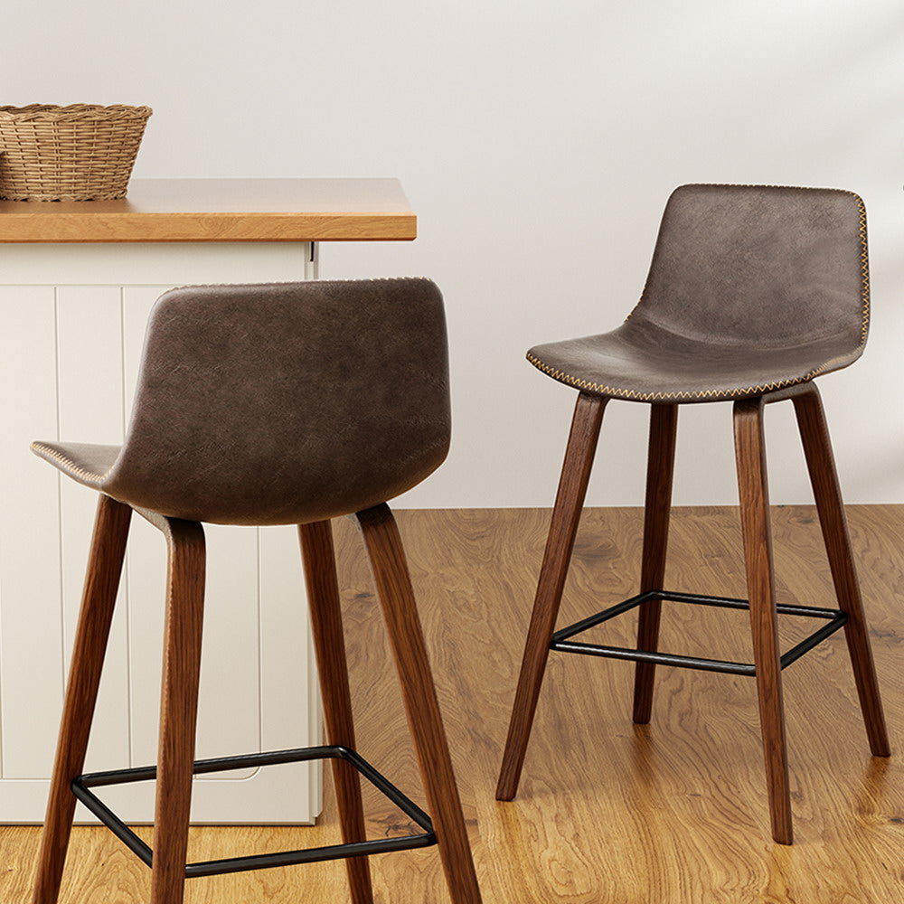 Walnut Wooden Bar Stools w/ Leather Seat & Footrest x2 | Artiss