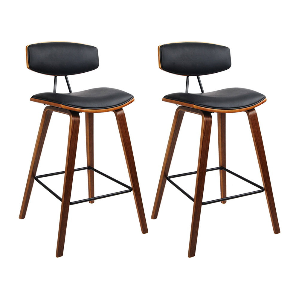 Mika Bar Stools Pair Leather Padded Backrest Wood Black