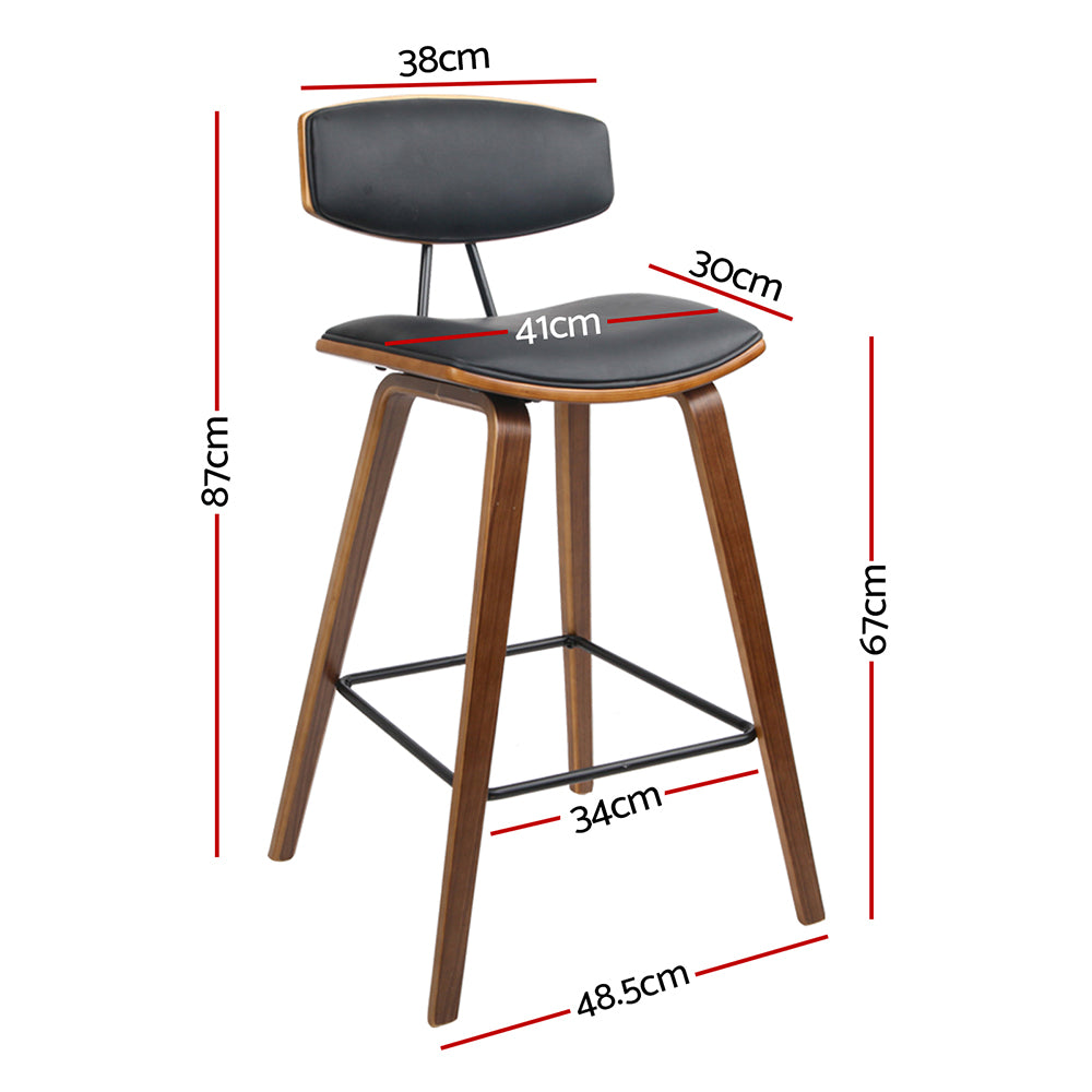 Mika Bar Stools Pair Leather Padded Backrest Wood Black