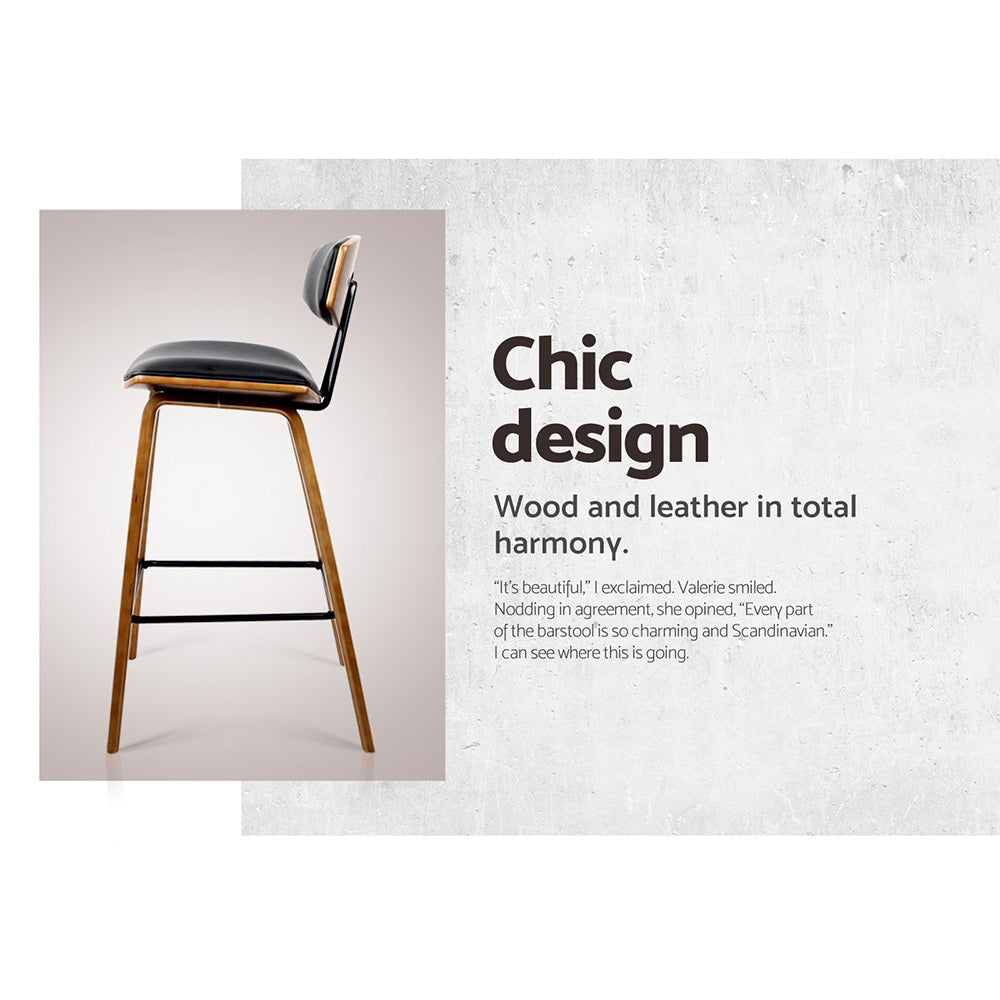 Mika Bar Stools Pair Leather Padded Backrest Wood Black