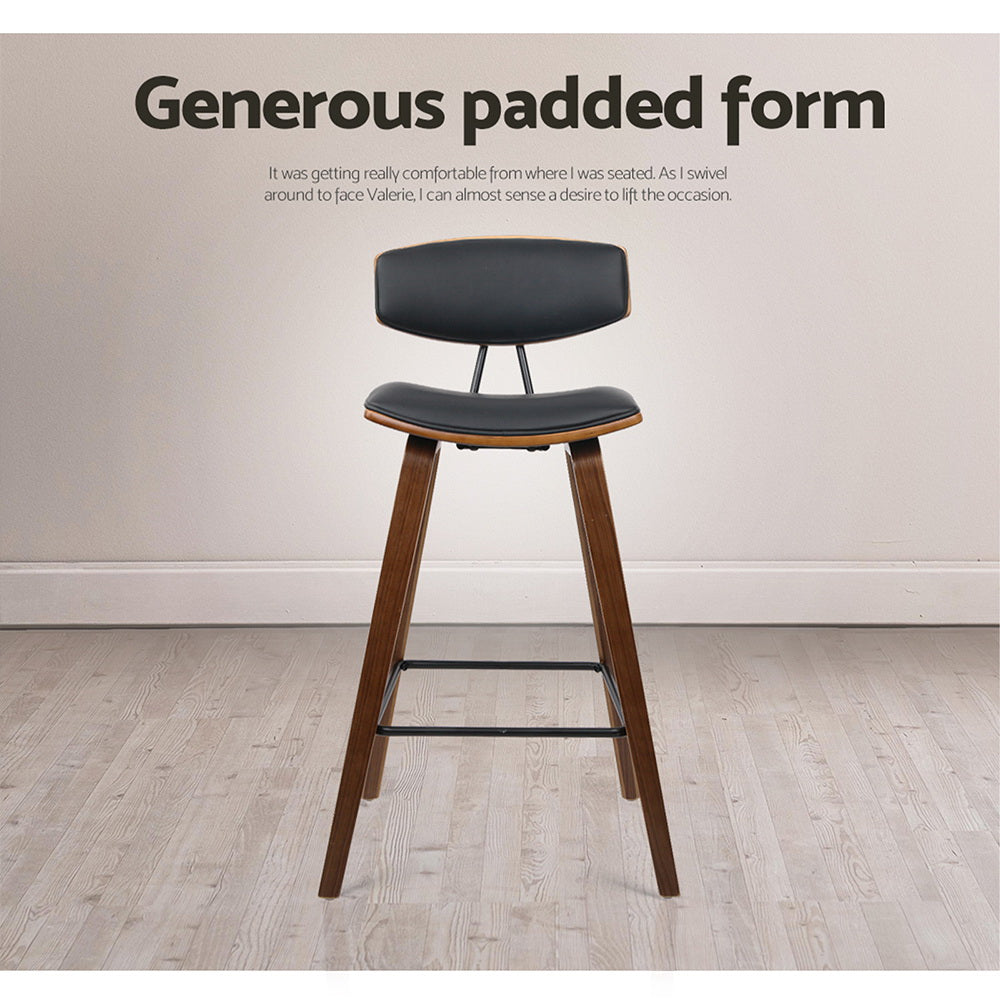 Mika Bar Stools Pair Leather Padded Backrest Wood Black