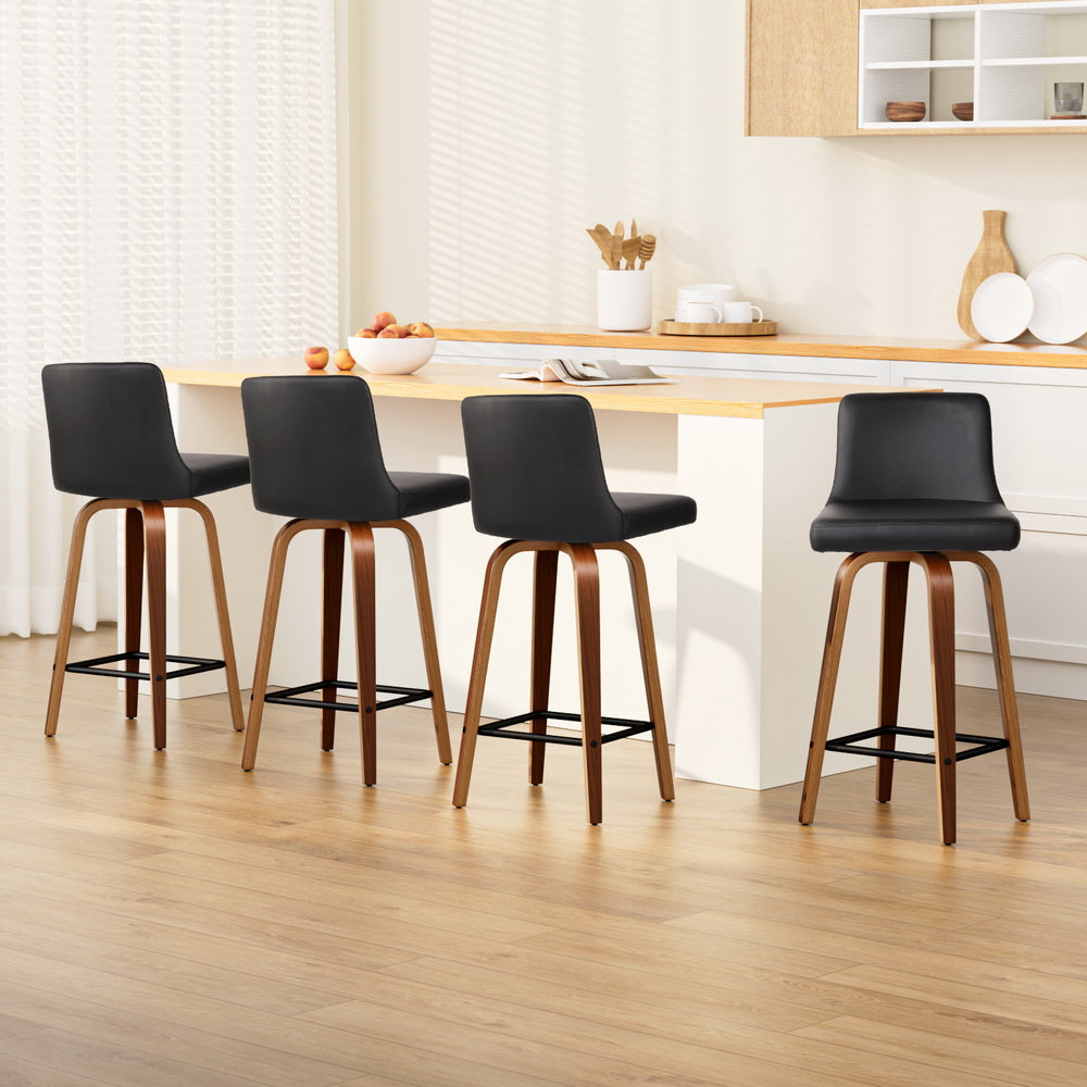 Felipe Bar Stools 4-Pack Swivel Leather Padded Black Wood