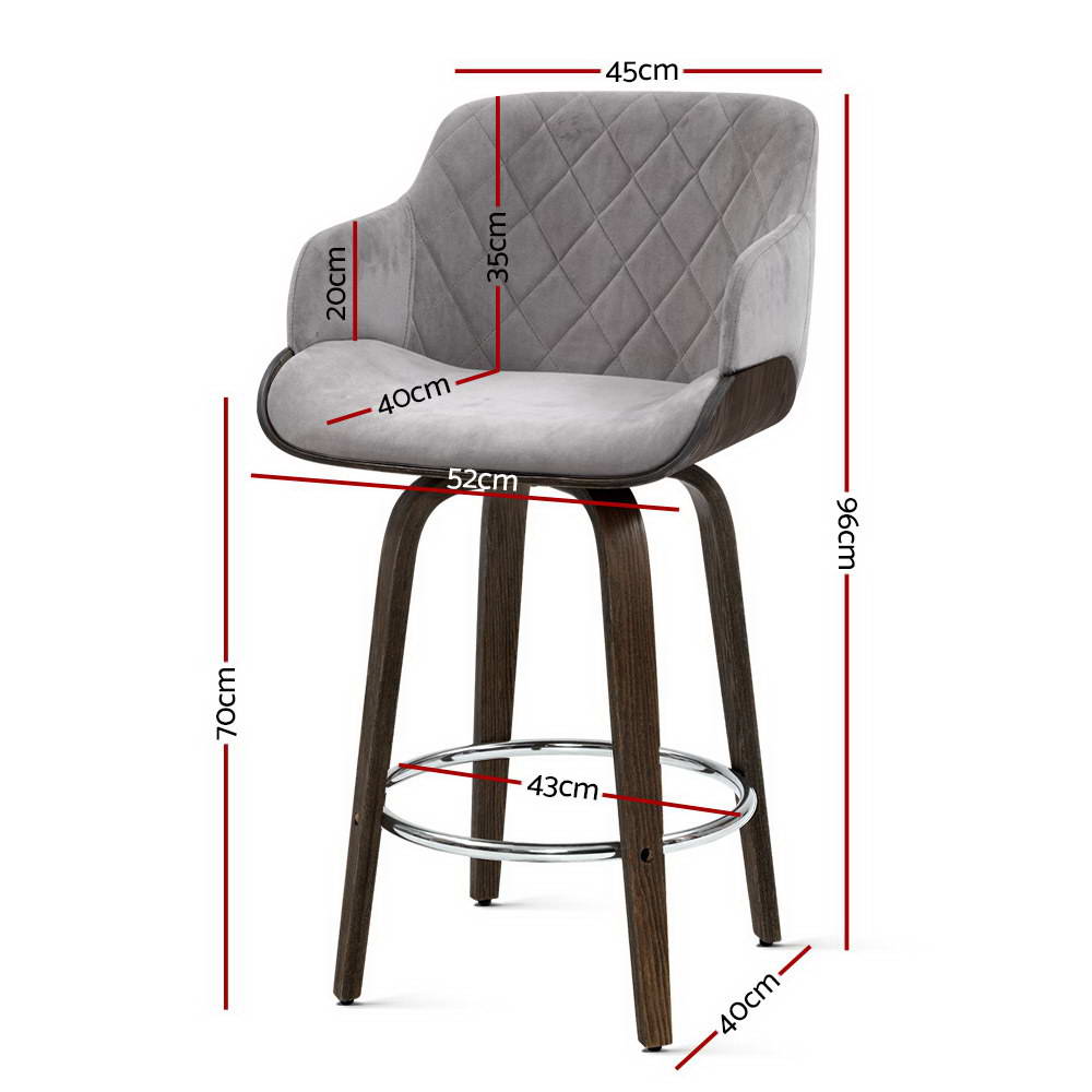 Bentwood 2x Bar Stools Swivel Velvet Padded Wooden Grey