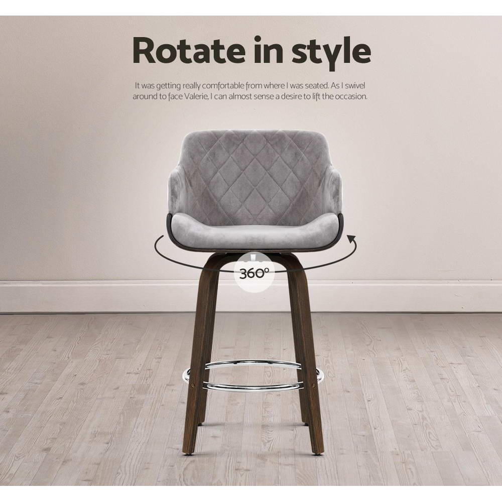 Bentwood 2x Bar Stools Swivel Velvet Padded Wooden Grey