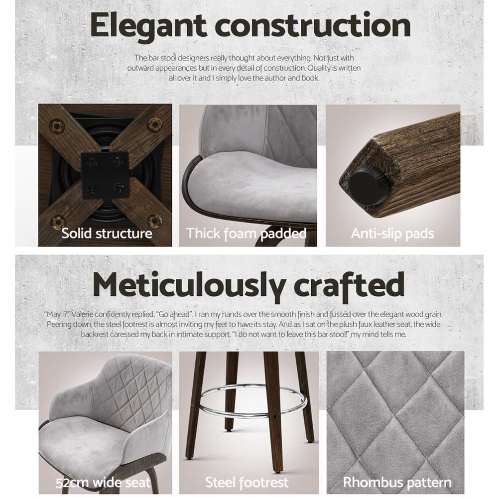 Bentwood 2x Bar Stools Swivel Velvet Padded Wooden Grey