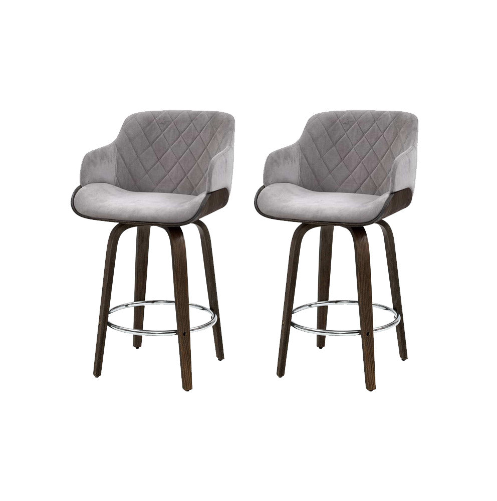 Bentwood 2x Bar Stools Swivel Velvet Padded Wooden Grey