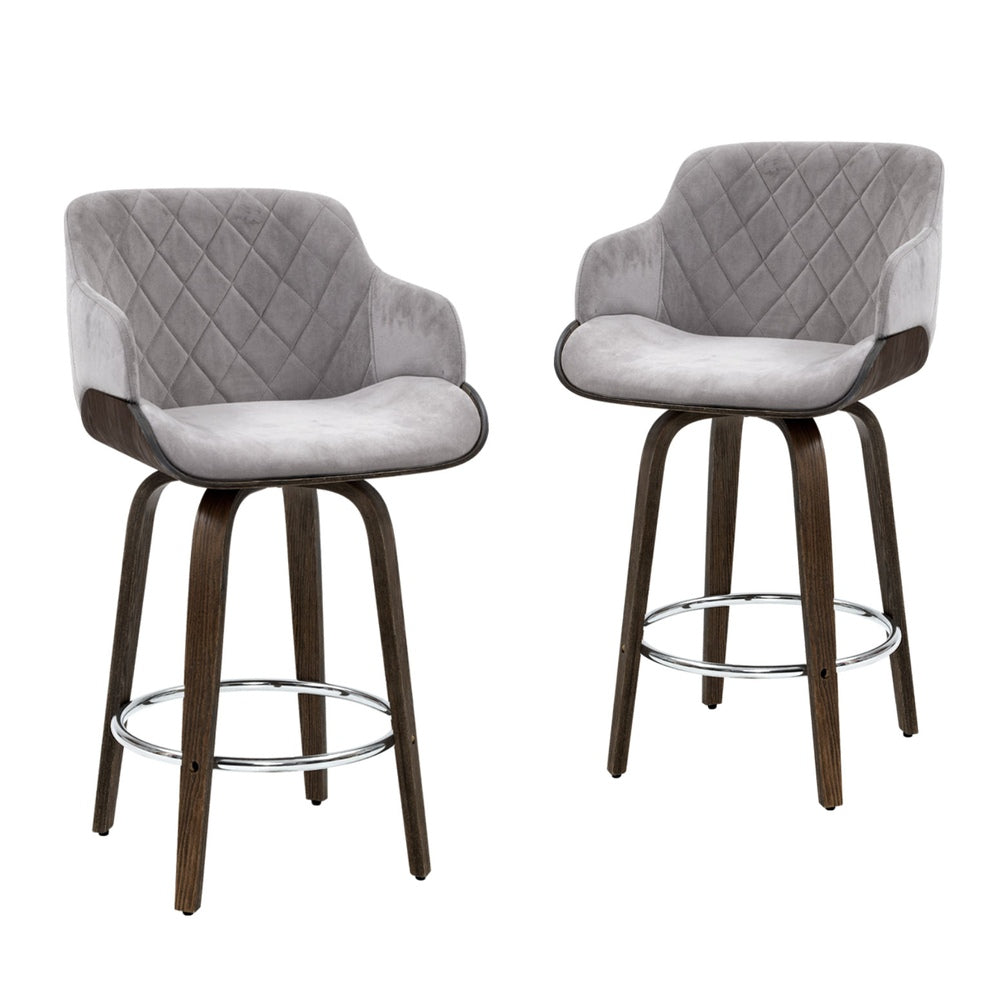 Bentwood 4x Bar Stools Swivel Velvet Padded Grey