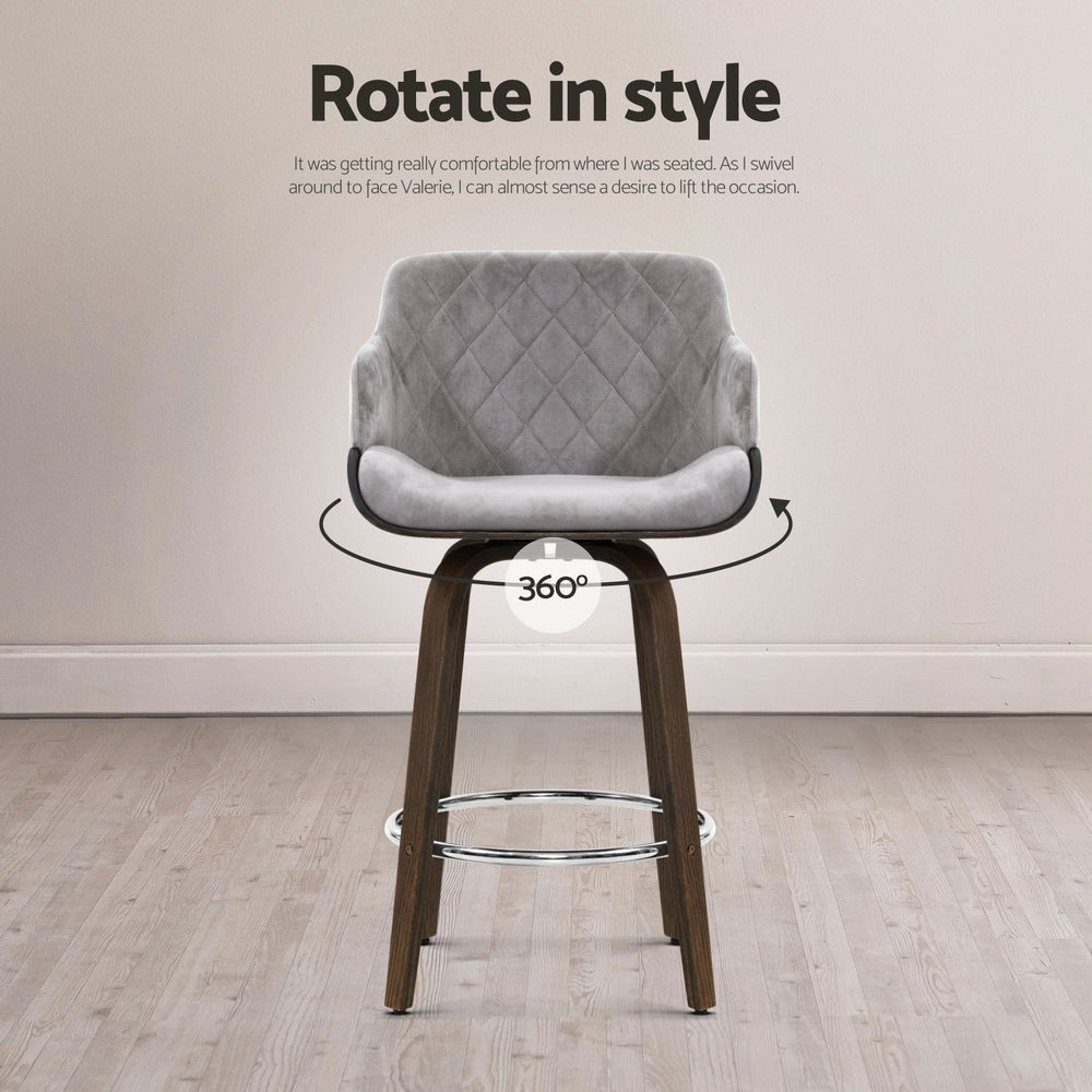 Bentwood 4x Bar Stools Swivel Velvet Padded Grey