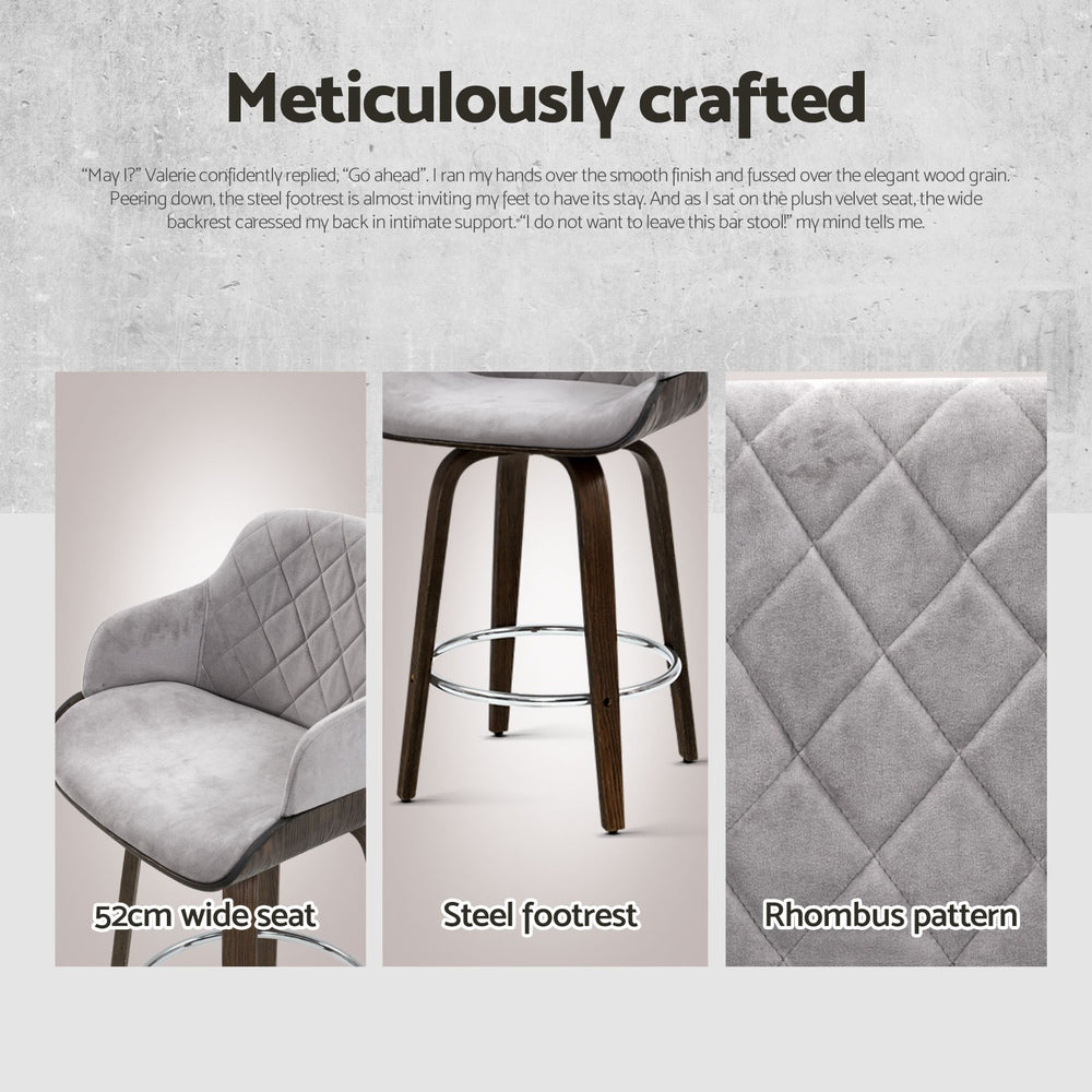 Bentwood 4x Bar Stools Swivel Velvet Padded Grey