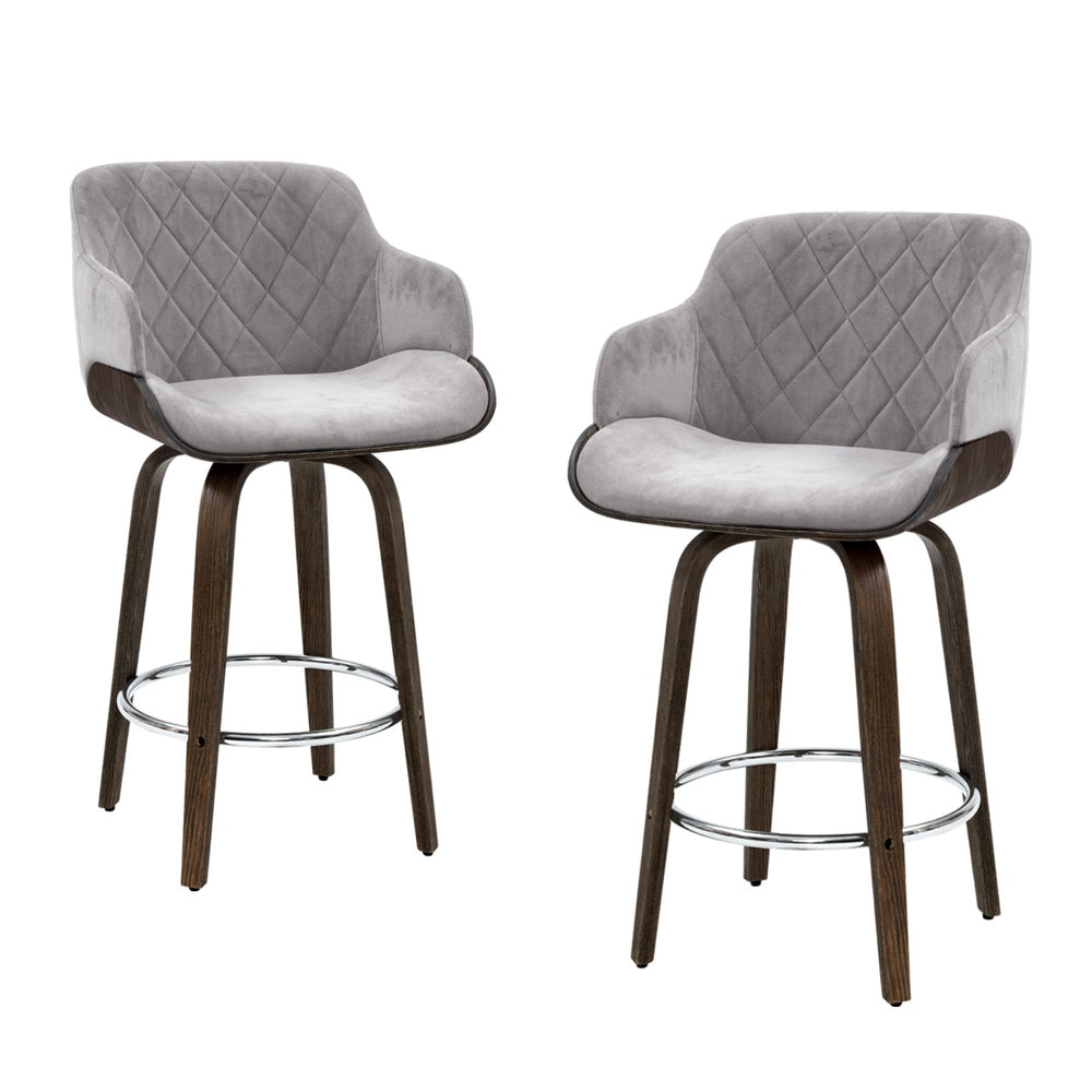 Bentwood 4x Bar Stools Swivel Velvet Padded Grey