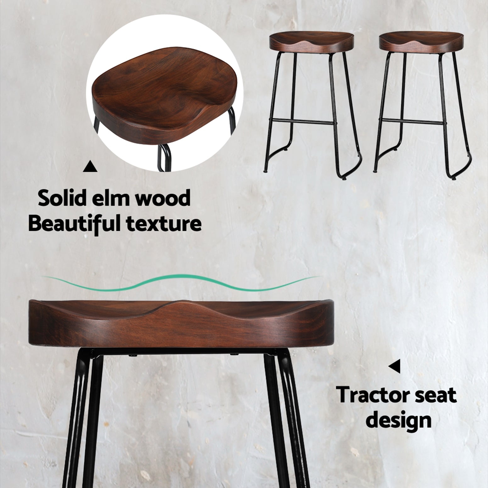 Tractor 65cm Bar Stools Pine Wood Seat Black Legs (Set of 2)