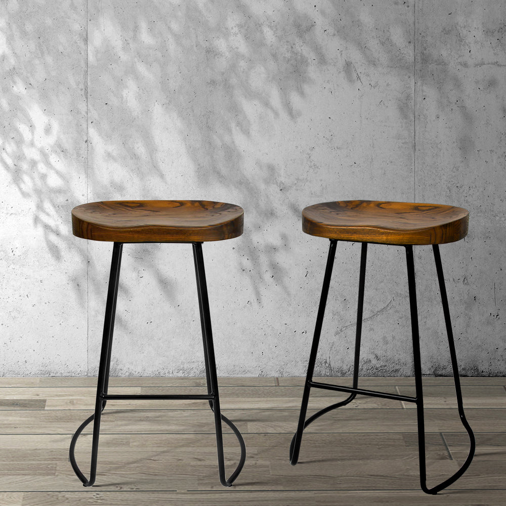 Tractor 65cm Bar Stools Pine Wood Seat Black Legs (Set of 2)
