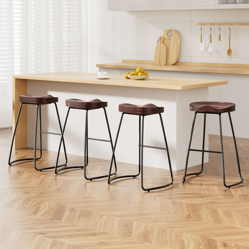Tractor 65cm Bar Stools Set of 4 Vintage Pine Wood Seat Black Legs