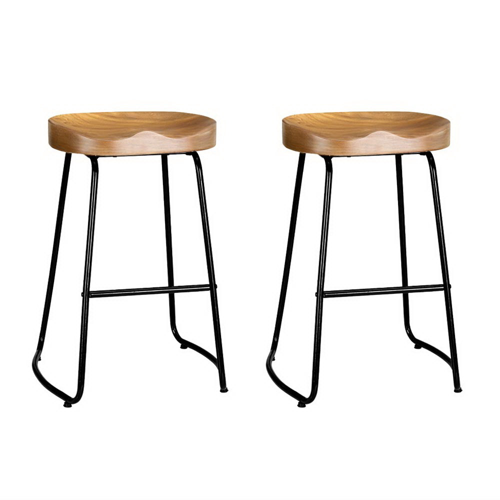 Vintage Pine Wood Bar Stools 2x Set, Metal Base - Artiss