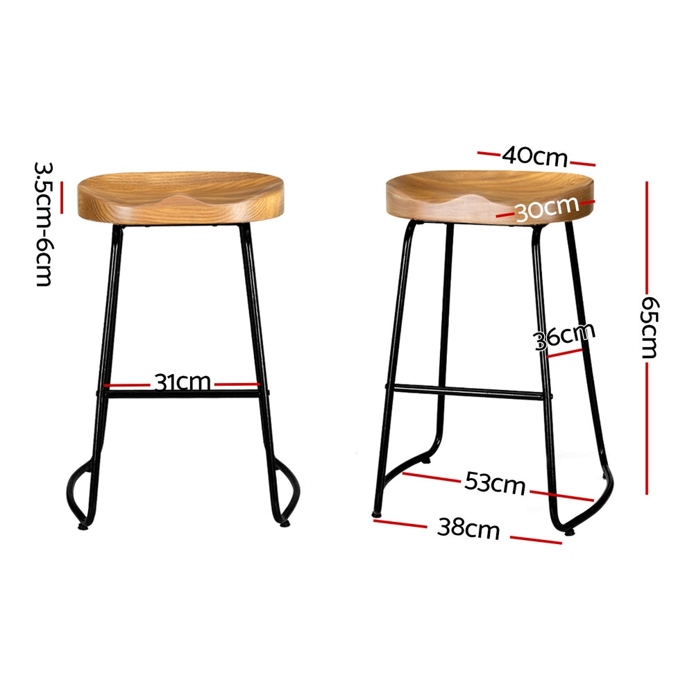 Vintage Pine Wood Bar Stools 2x Set, Metal Base - Artiss