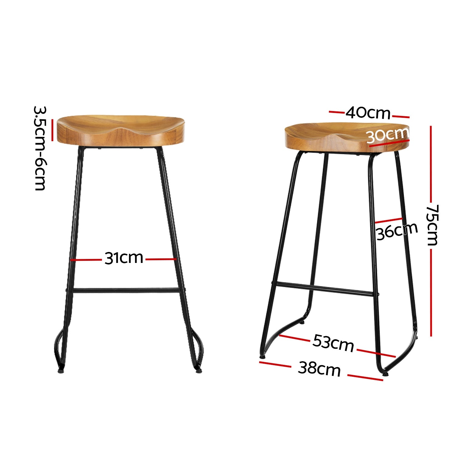 Vintage Tractor Bar Stools 75cm Wooden Seat Black Legs (Set of 2)
