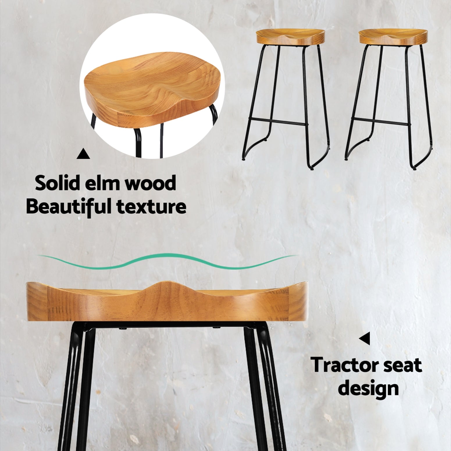 Vintage Tractor Bar Stools 75cm Wooden Seat Black Legs (Set of 2)