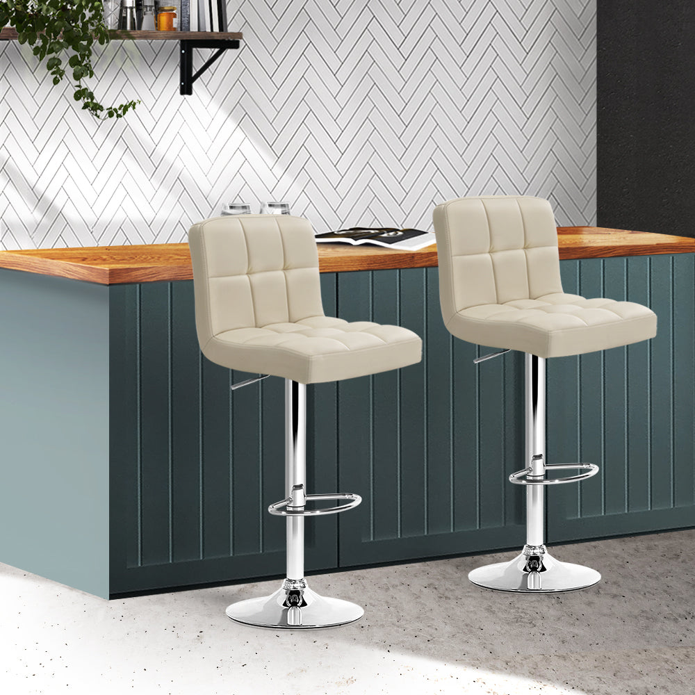 Beige Leather Bar Stools Set w/ Gas Lift & 360° Swivel - Artiss