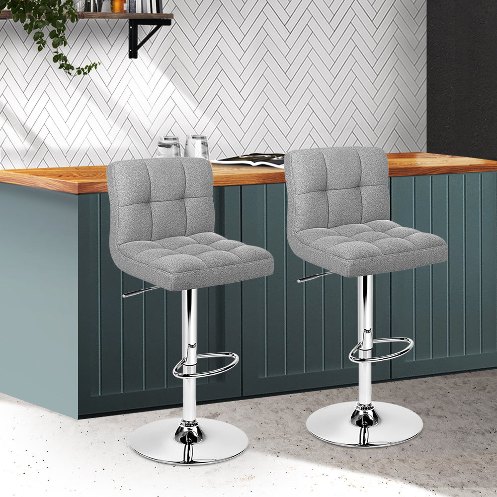 Elegant Grey Fabric Bar Stools, Gas Lift, 2x Set - Artiss