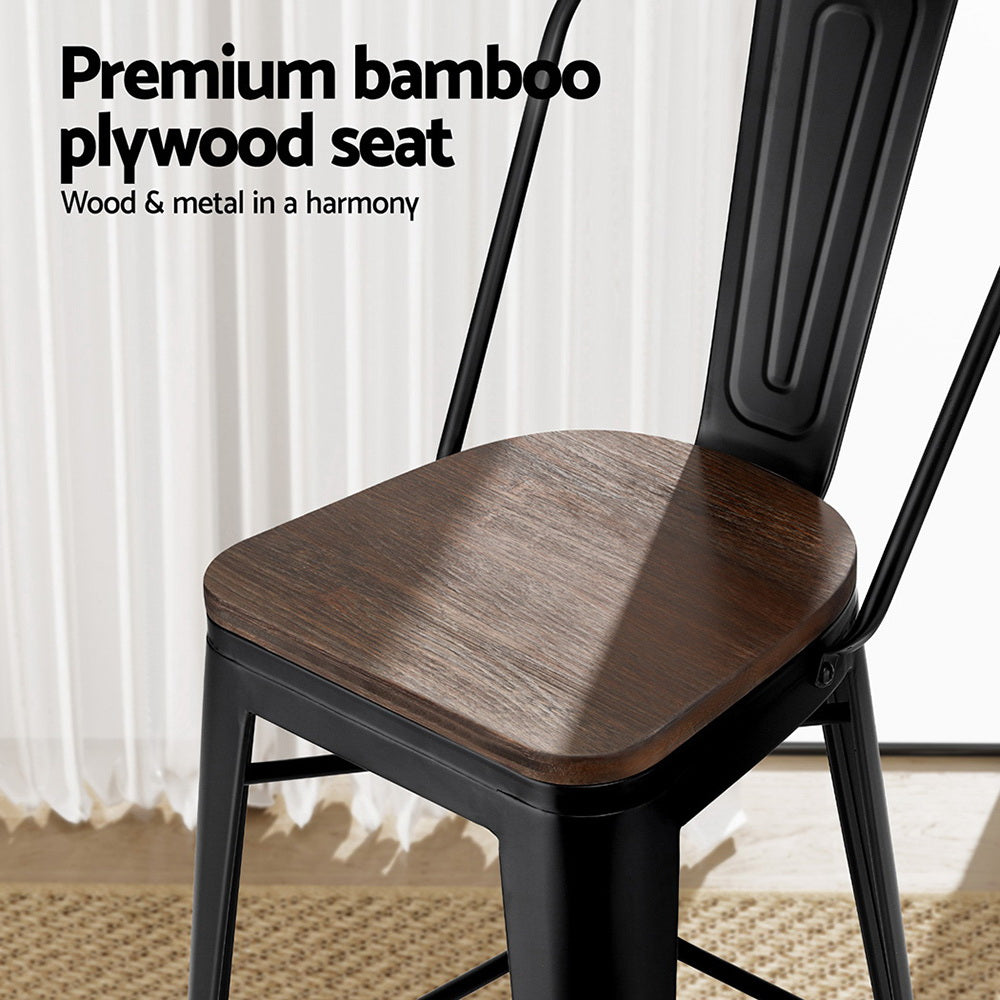 Artiss Retro Metal Bar Stools 2-Pack Bamboo Seat Black Walnut