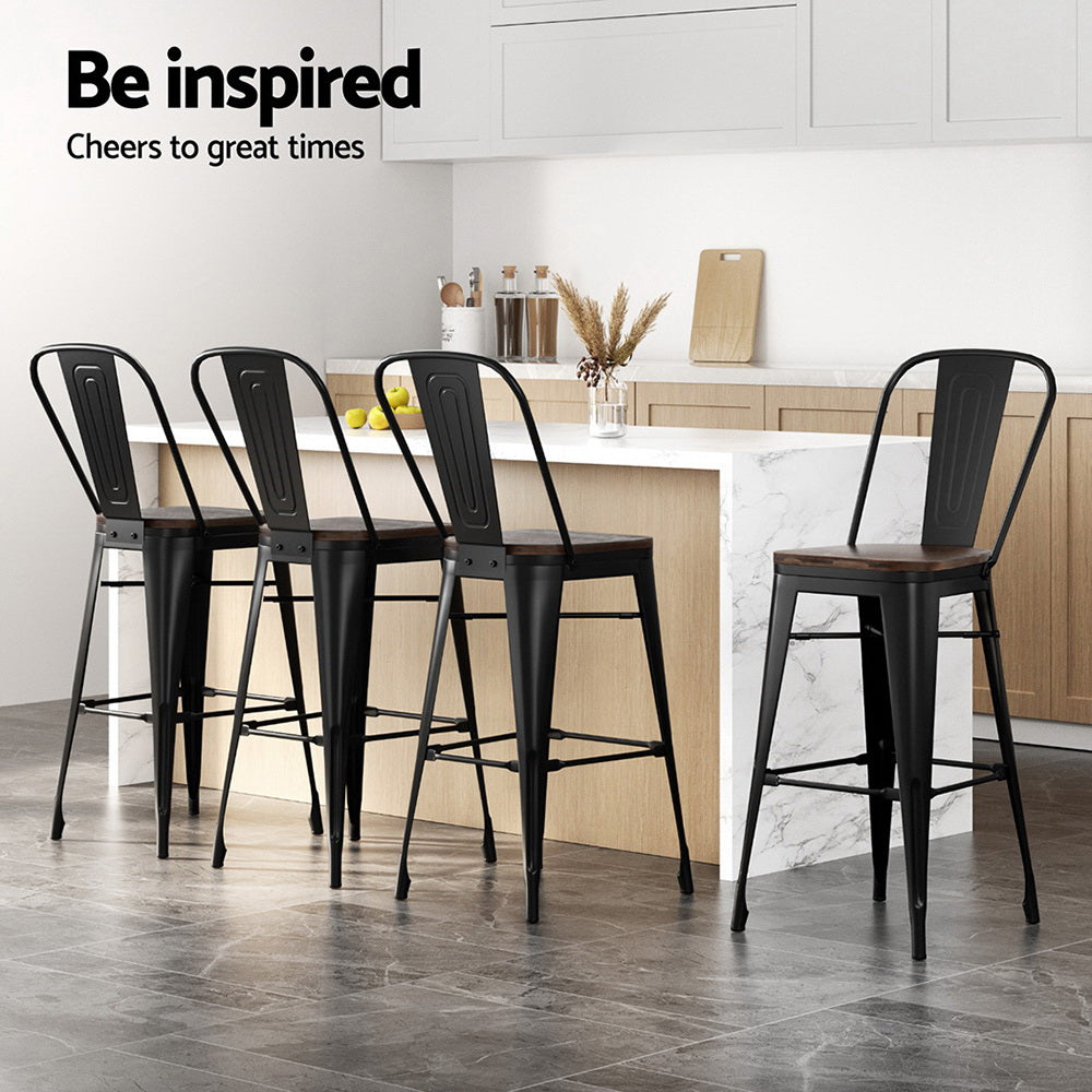 Artiss Retro Metal Bar Stools 2-Pack Bamboo Seat Black Walnut