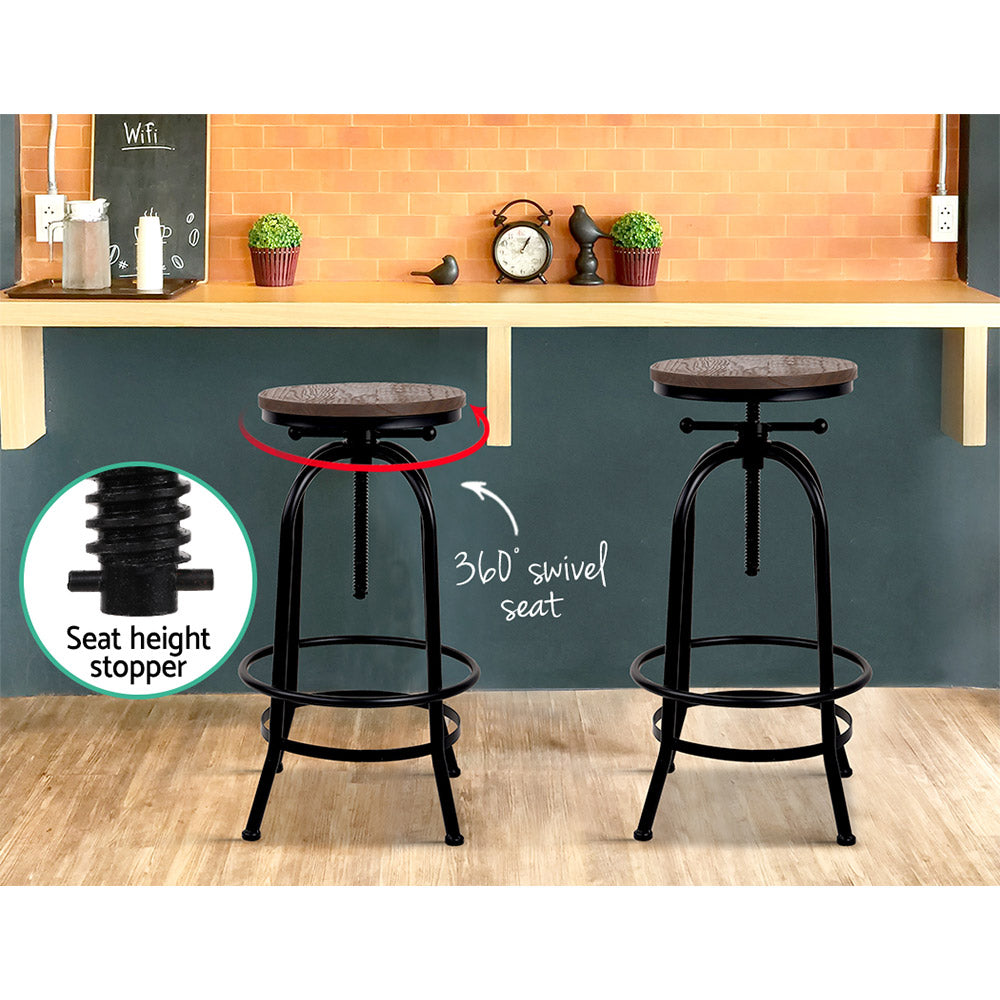 Adjustable Elm Wood Bar Stools, 360° Swivel, Steel - Artiss