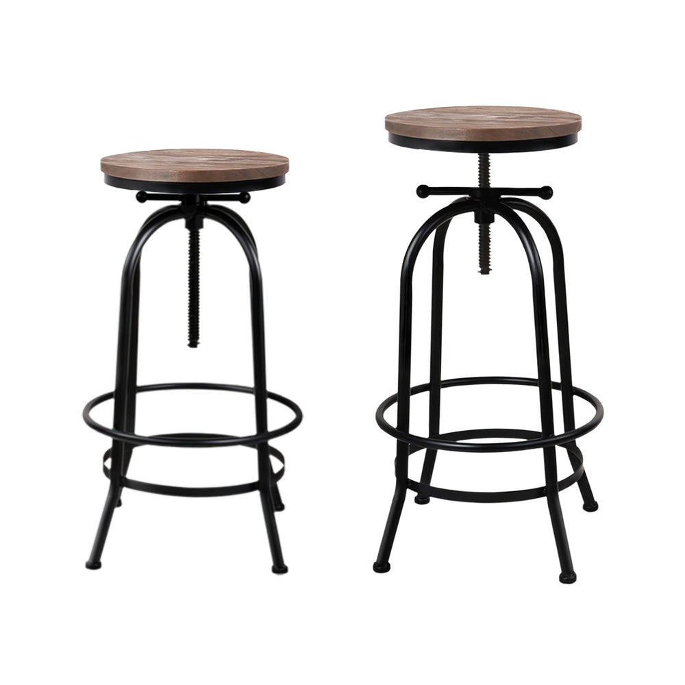 Angus Adjustable Bar Stools 4-Pack Vintage Wooden Seat Black Frame